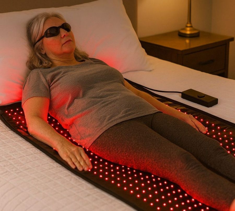 EMBRA red light mat glowing on a regular bed, with its controller