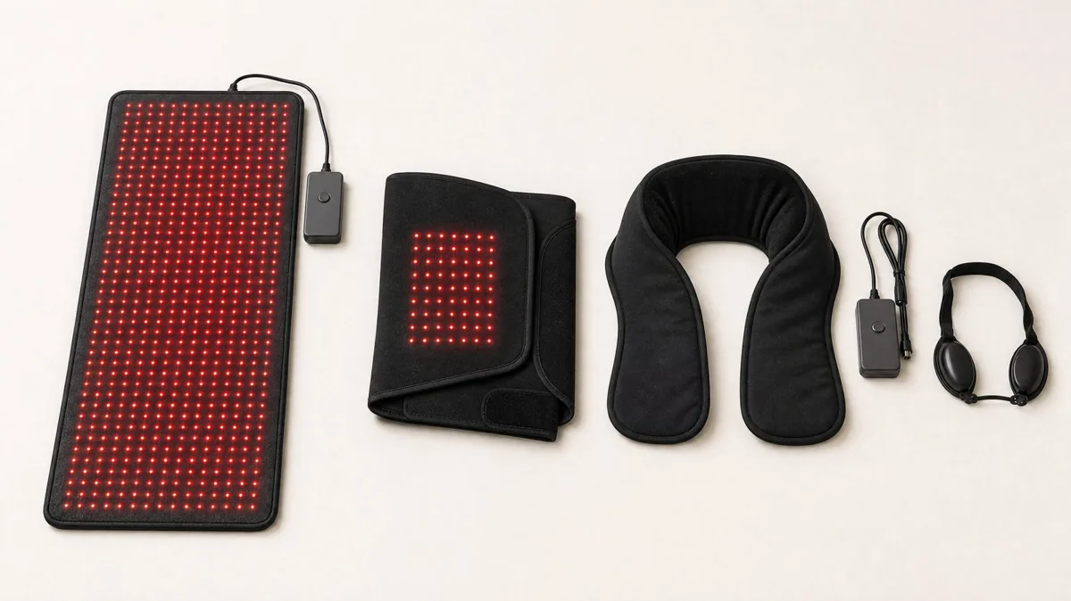 The EMBRA full-body red light mat with controller, relief belt, neck wrap and goggles