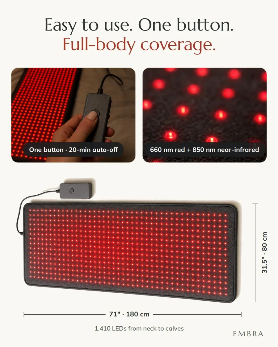 EMBRA mat: one button with 20-minute auto-off, 660 nm red and 850 nm near-infrared LEDs, 71 by 31.5 inches